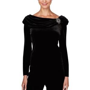Alex Evenings Women's Velvet Embellished Ruched-Collar Top Black 1X